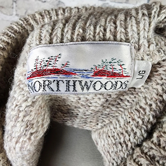 Vintage Wool  Blend Shawl Collar Grampa Cardigan Cream Brown Heather Size Large - Picture 2 of 13